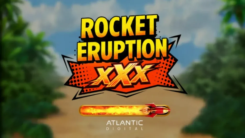 Tampilan visual slot Rocket Eruption XXX dengan tema vulkanik dan retro