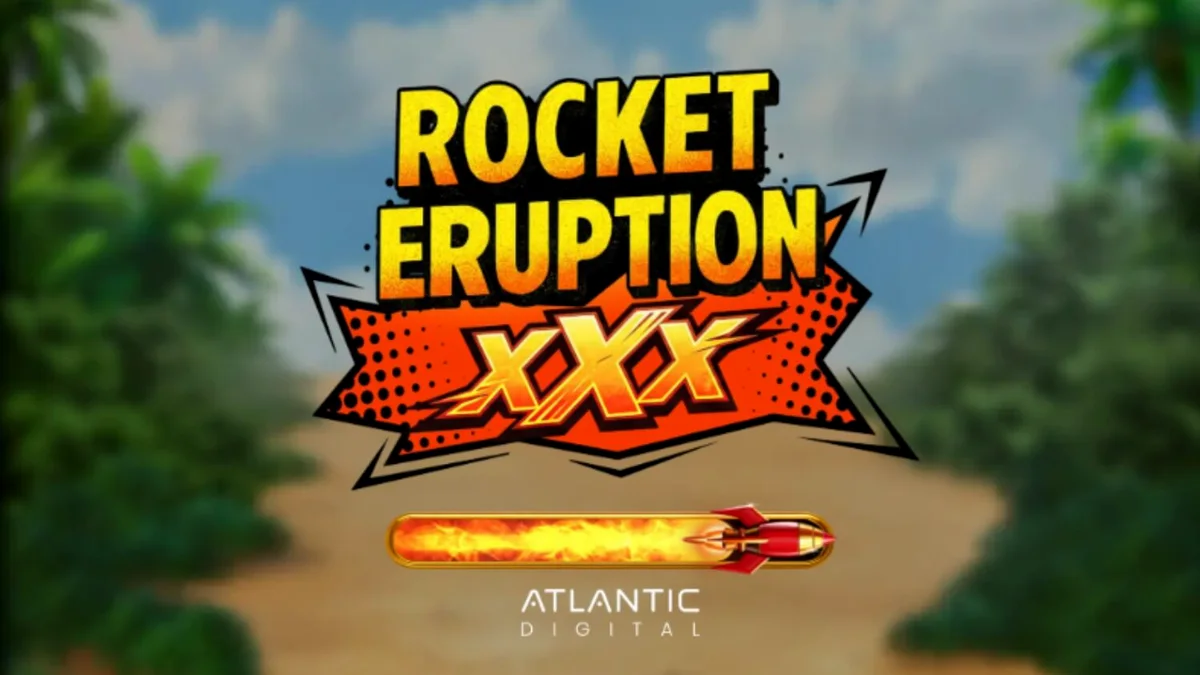 Tampilan visual slot Rocket Eruption XXX dengan tema vulkanik dan retro